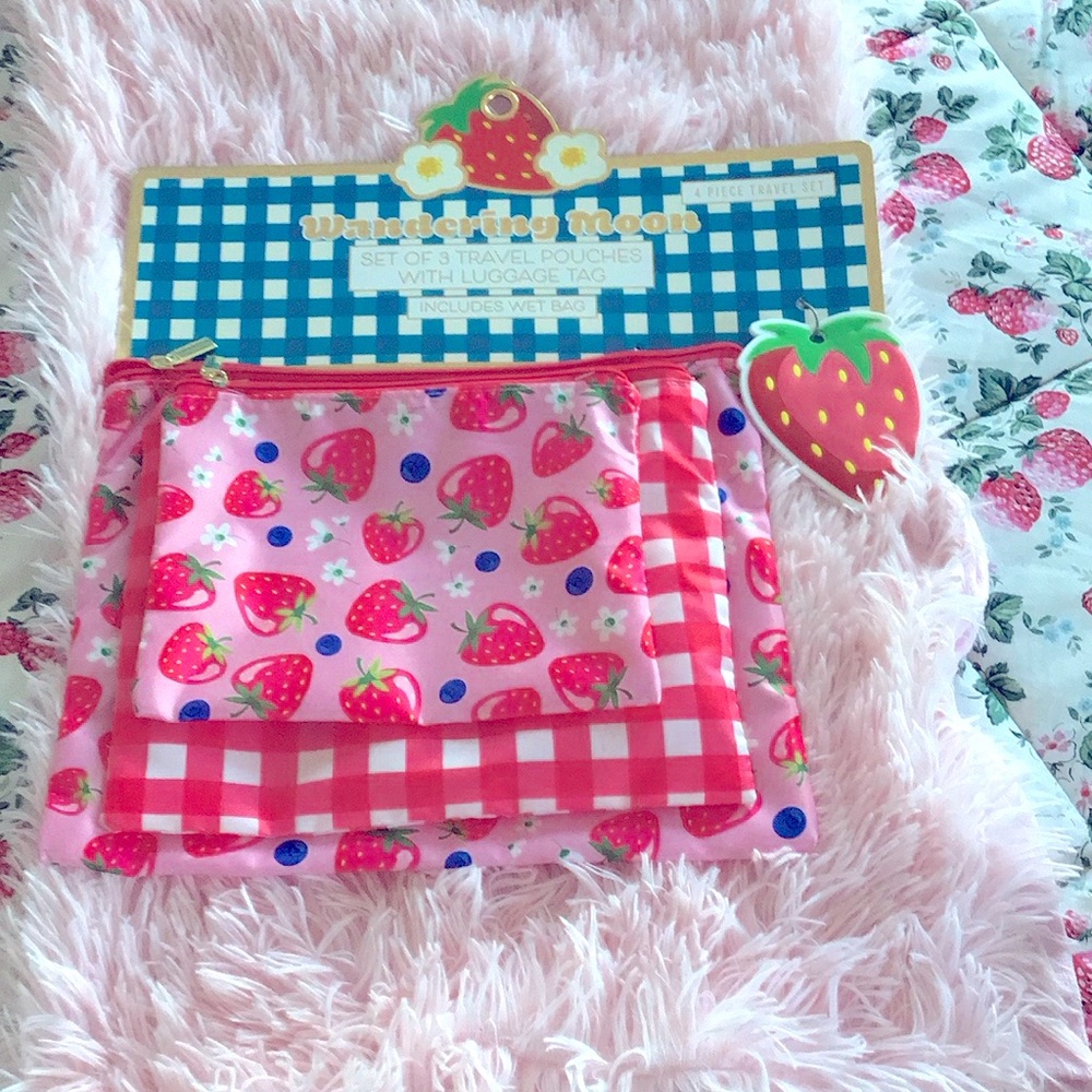 New Vacay Beach Cruise Cute Pink Strawberry 3 Cosmetic Bag Set with Travel Tag